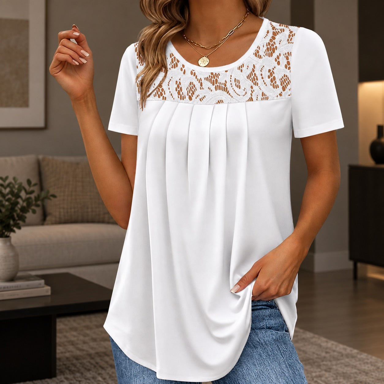 Blouse Emma™ with Floral Lace Detail and Flowy Drape