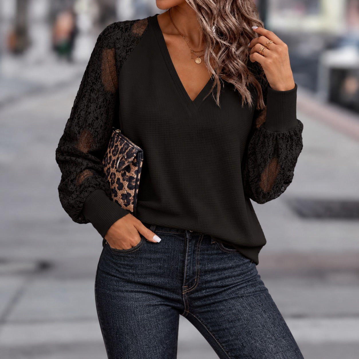 Blouse Arizona™ with Sheer Floral Lace Sleeves, V-Neck and Ribbed Trim