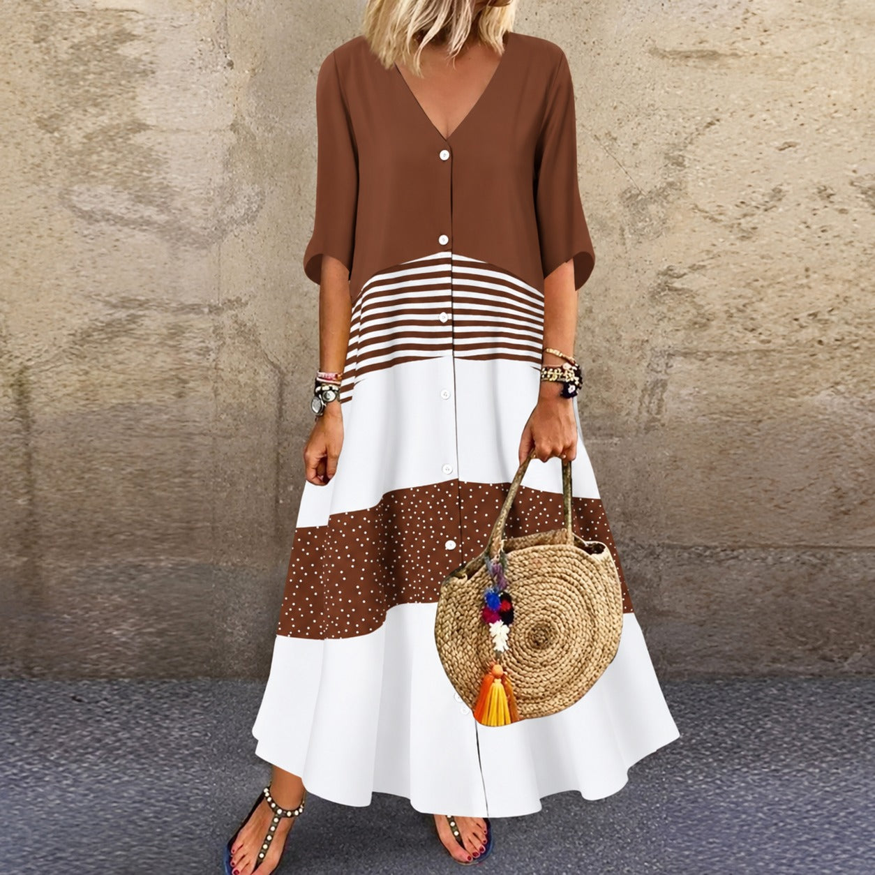 Dress Corinne™ with Contrast Panels and Button Front