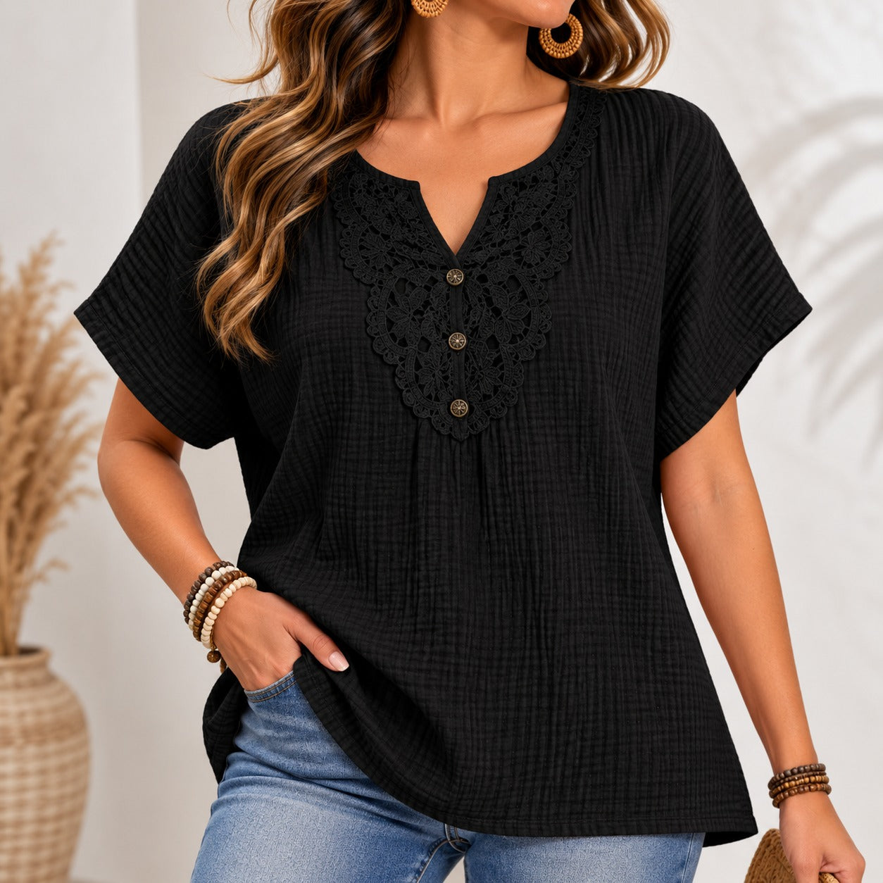 Amarise™ Blouse with Ornamental Lace Neckline and Relaxed Fit