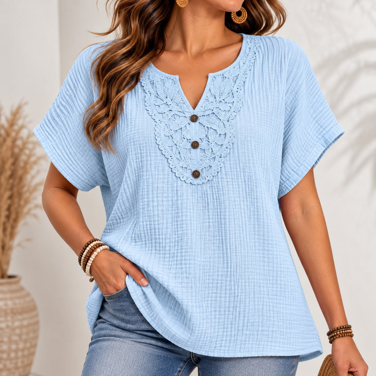 Amarise™ Blouse with Ornamental Lace Neckline and Relaxed Fit