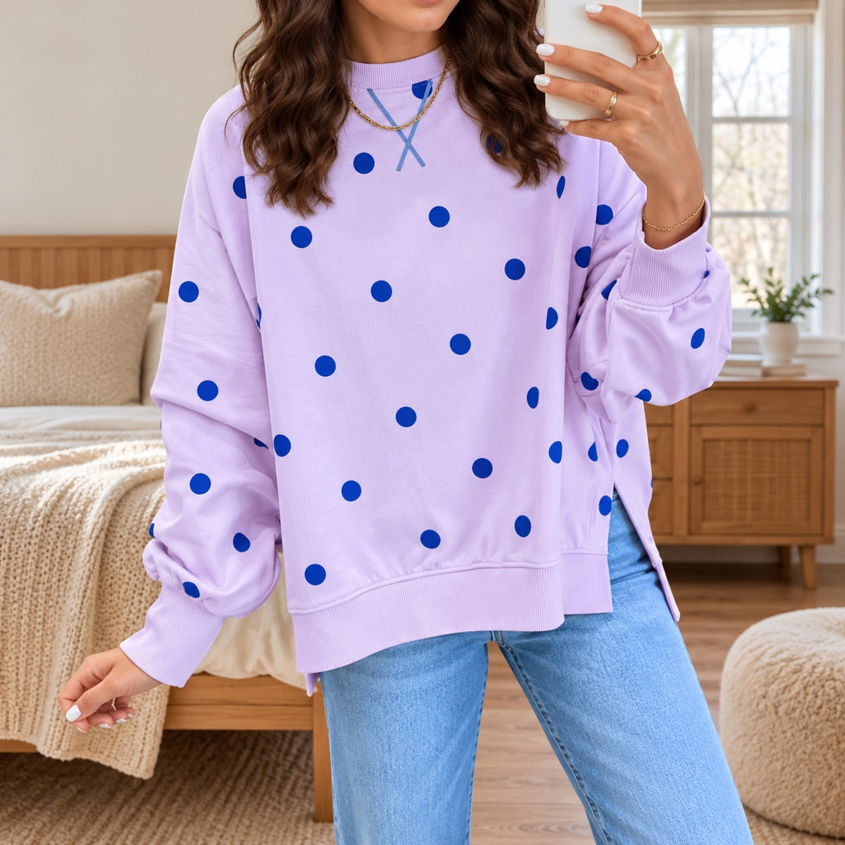 Valine™ Blouse with Contrasting Polka Dots, Relaxed Fit and Asymmetrical Hem