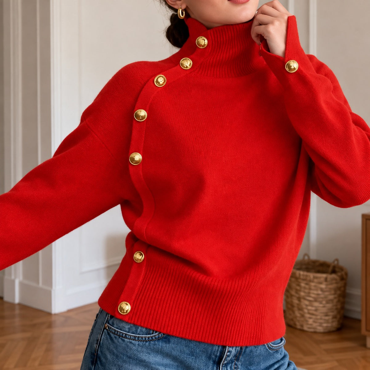 Sweater Blaire™ with High Neck, Asymmetric Gold-Tone Buttons and Ribbed Waist