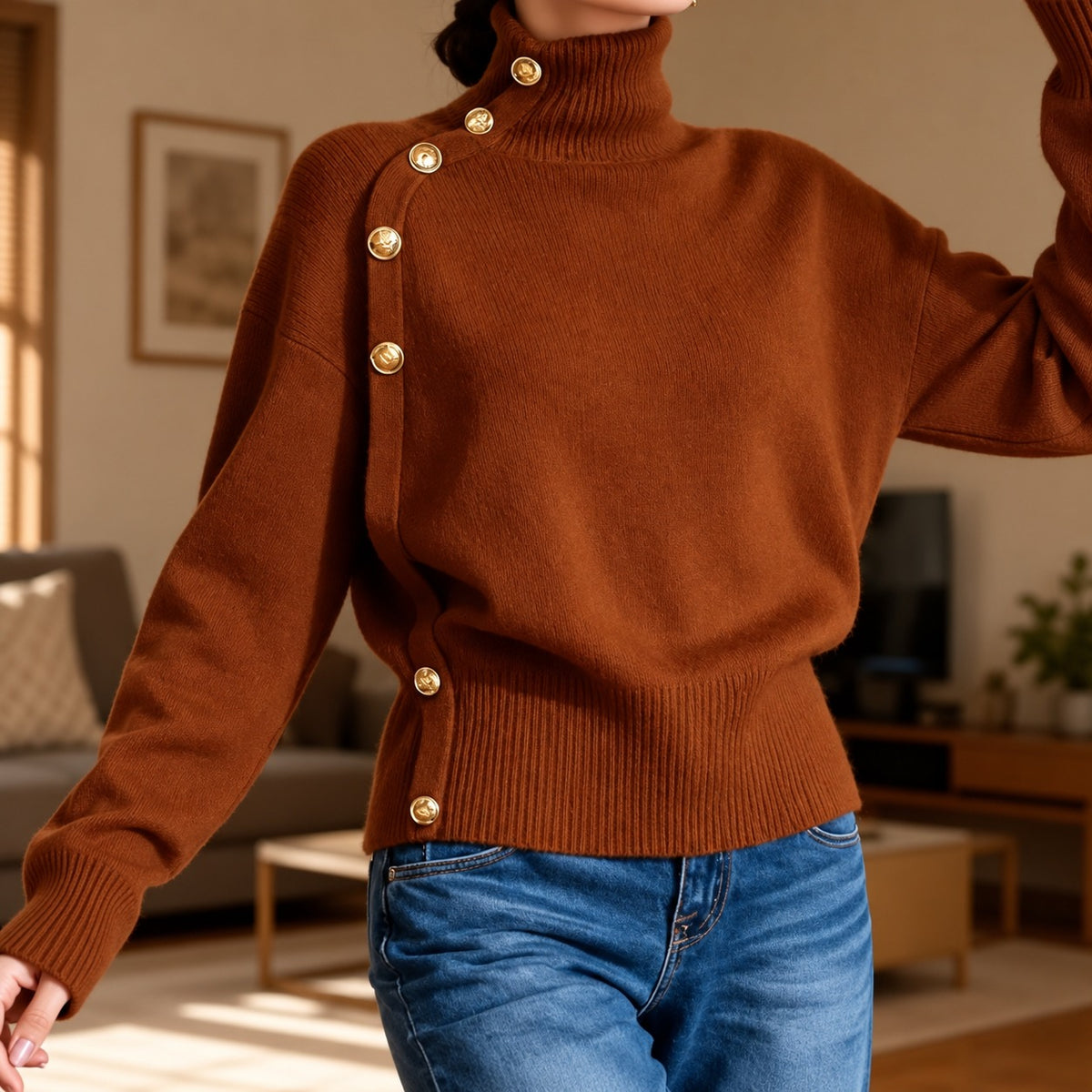 Sweater Blaire™ with High Neck, Asymmetric Gold-Tone Buttons and Ribbed Waist