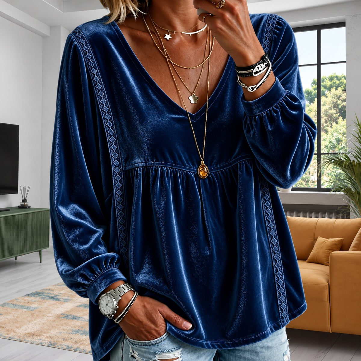 Blouse Kylie™ with V-Neck and Geometric Trim