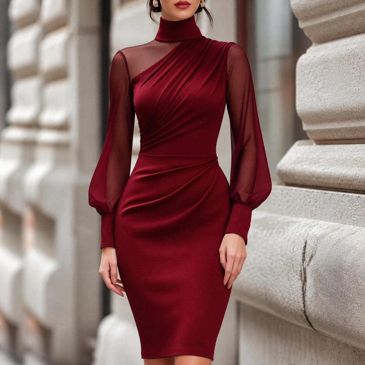 Dress Florence™ with Asymmetric Draping, High Neck and Sheer Sleeves
