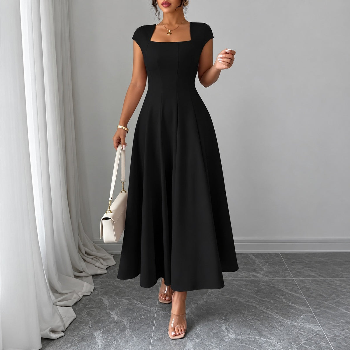 Dress Lucille™ with Square Neckline and Flared Midi Skirt