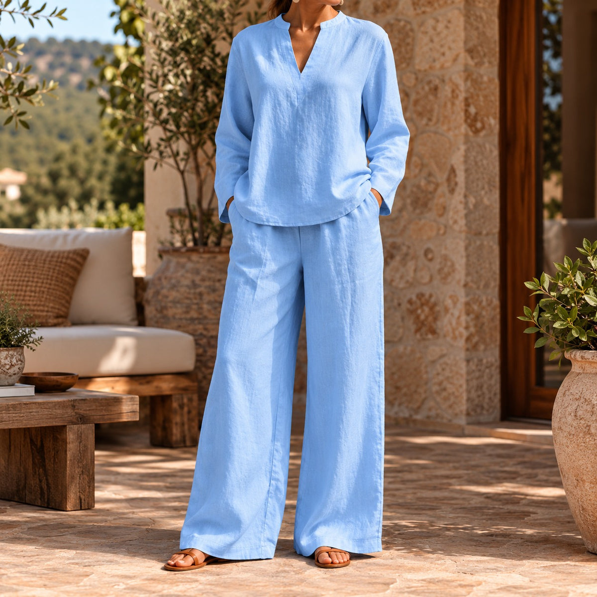 Arezia™ Two-Piece Set with Long-Sleeve Top and Wide-Leg Palazzo Pants