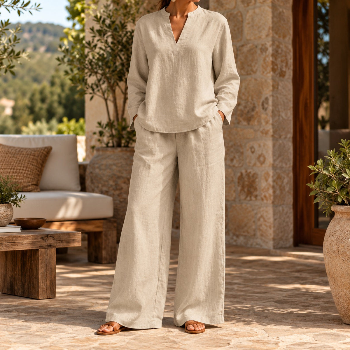 Arezia™ Two-Piece Set with Long-Sleeve Top and Wide-Leg Palazzo Pants