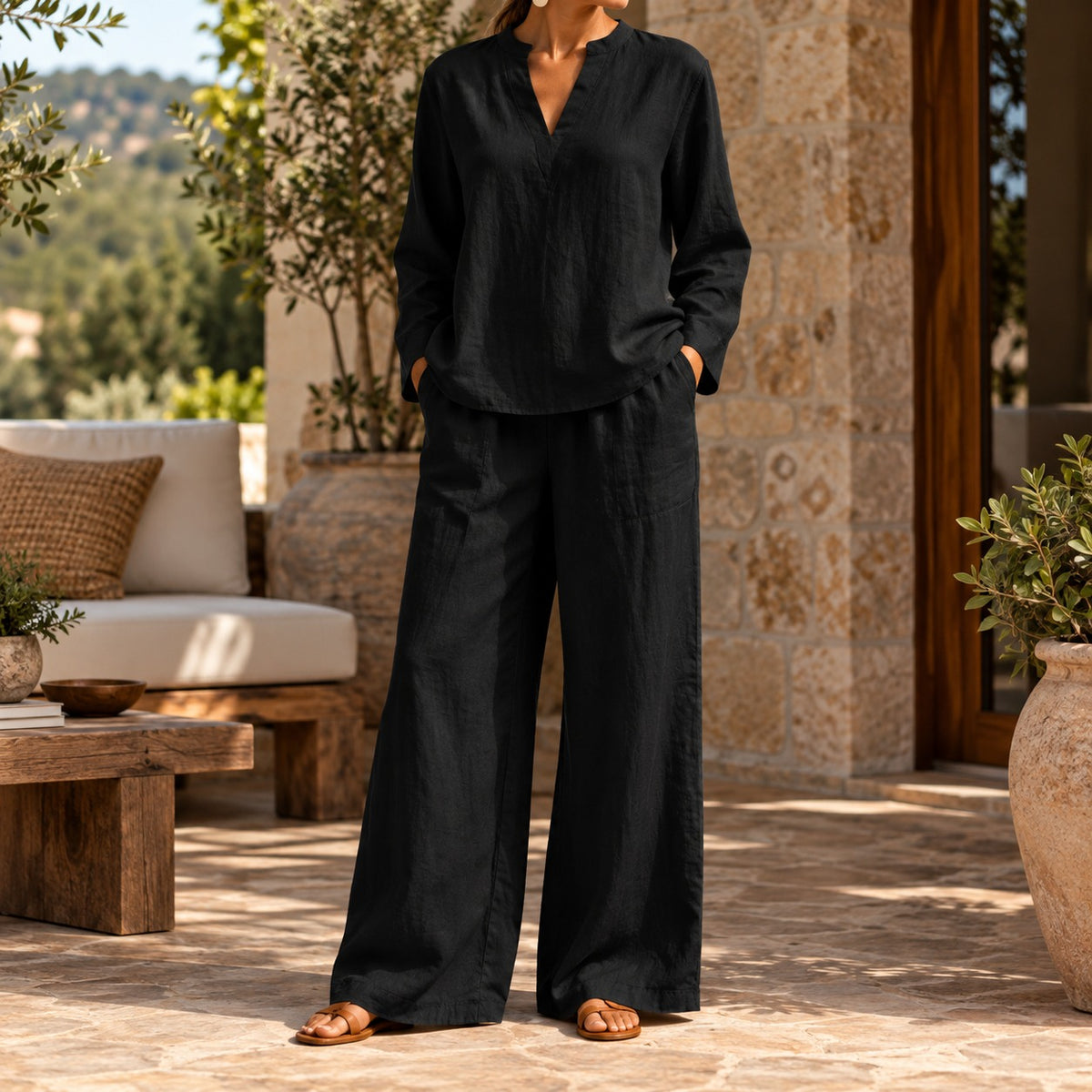 Arezia™ Two-Piece Set with Long-Sleeve Top and Wide-Leg Palazzo Pants