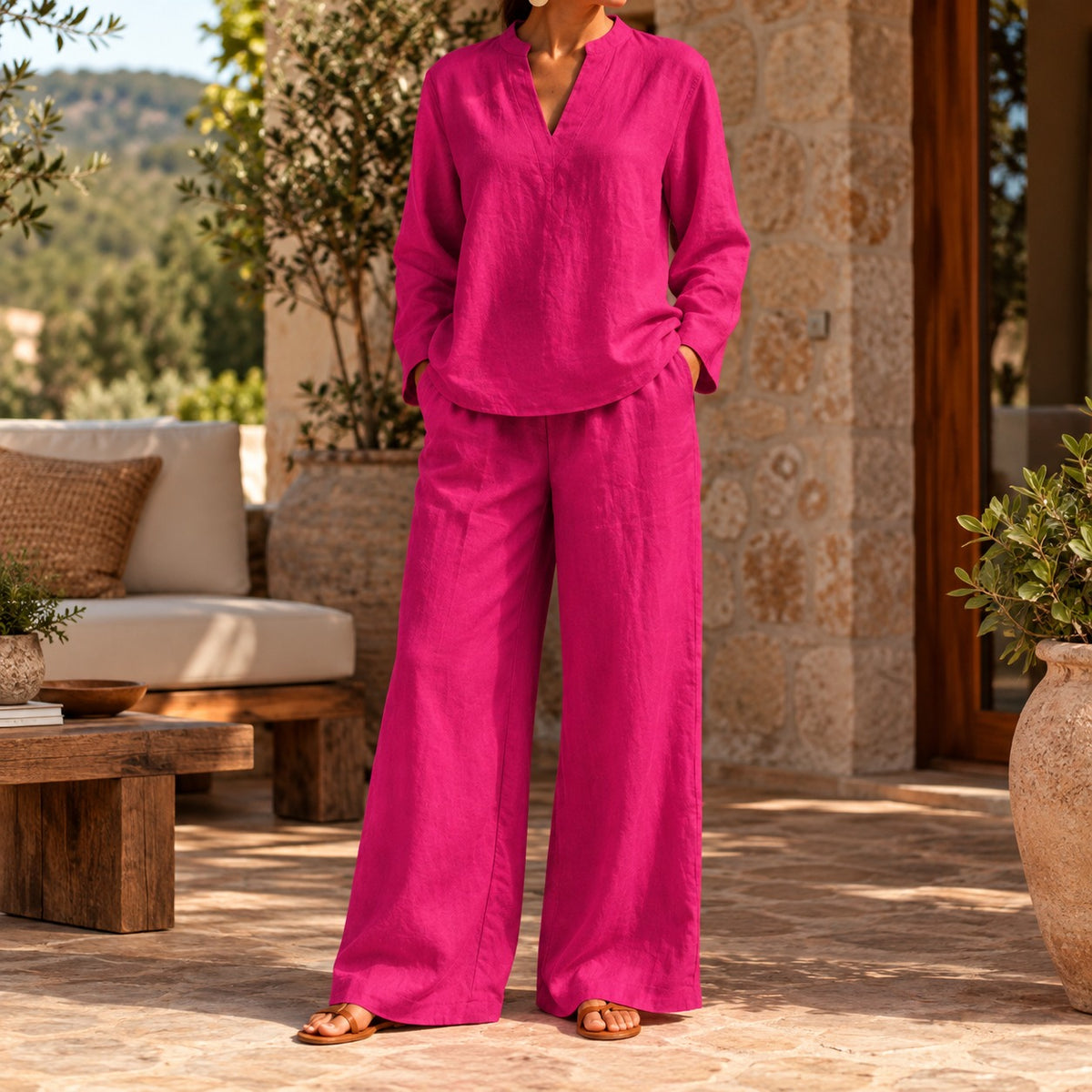 Arezia™ Two-Piece Set with Long-Sleeve Top and Wide-Leg Palazzo Pants