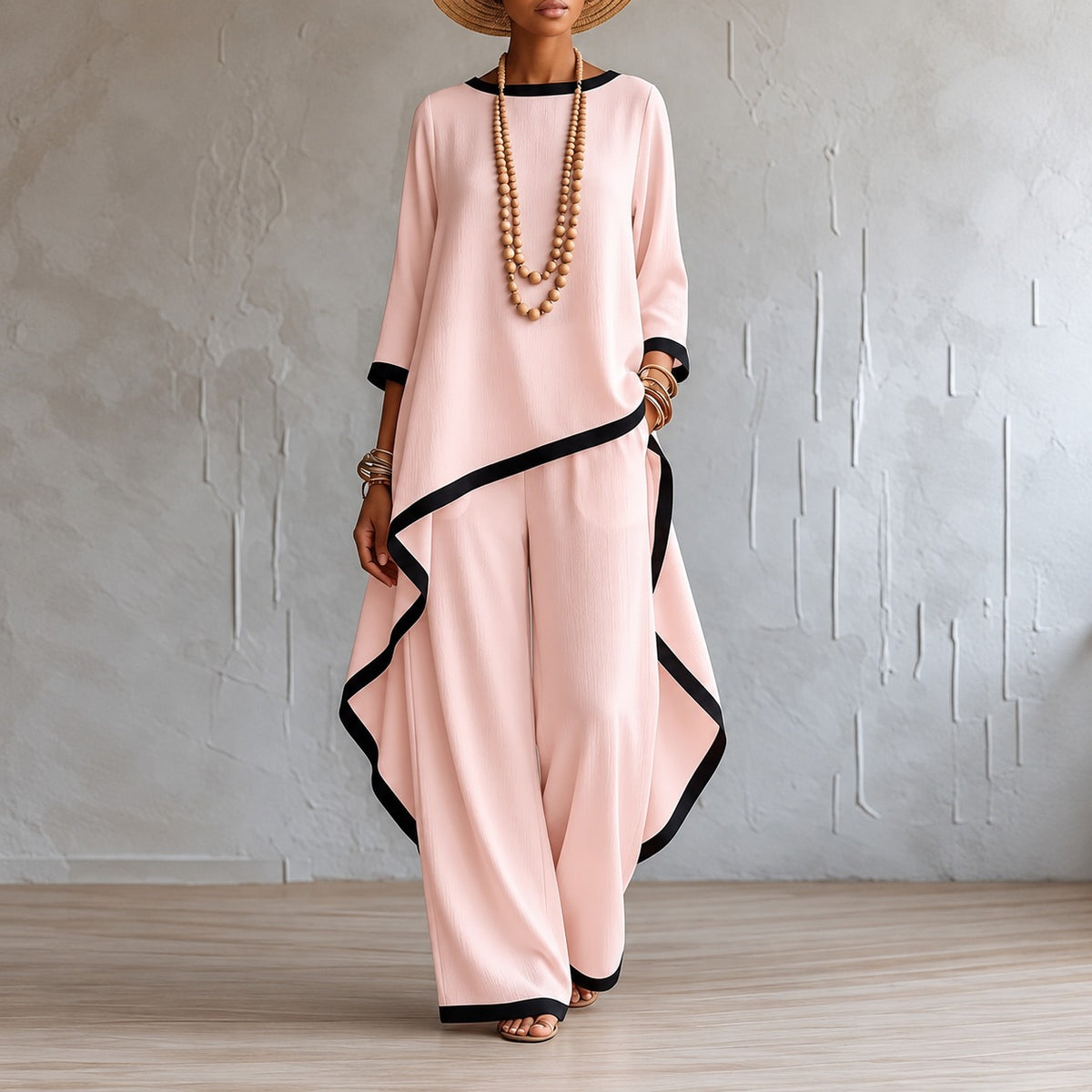 Set Adeline™ with Asymmetric Top, Wide-Leg Pants and Contrast Trim