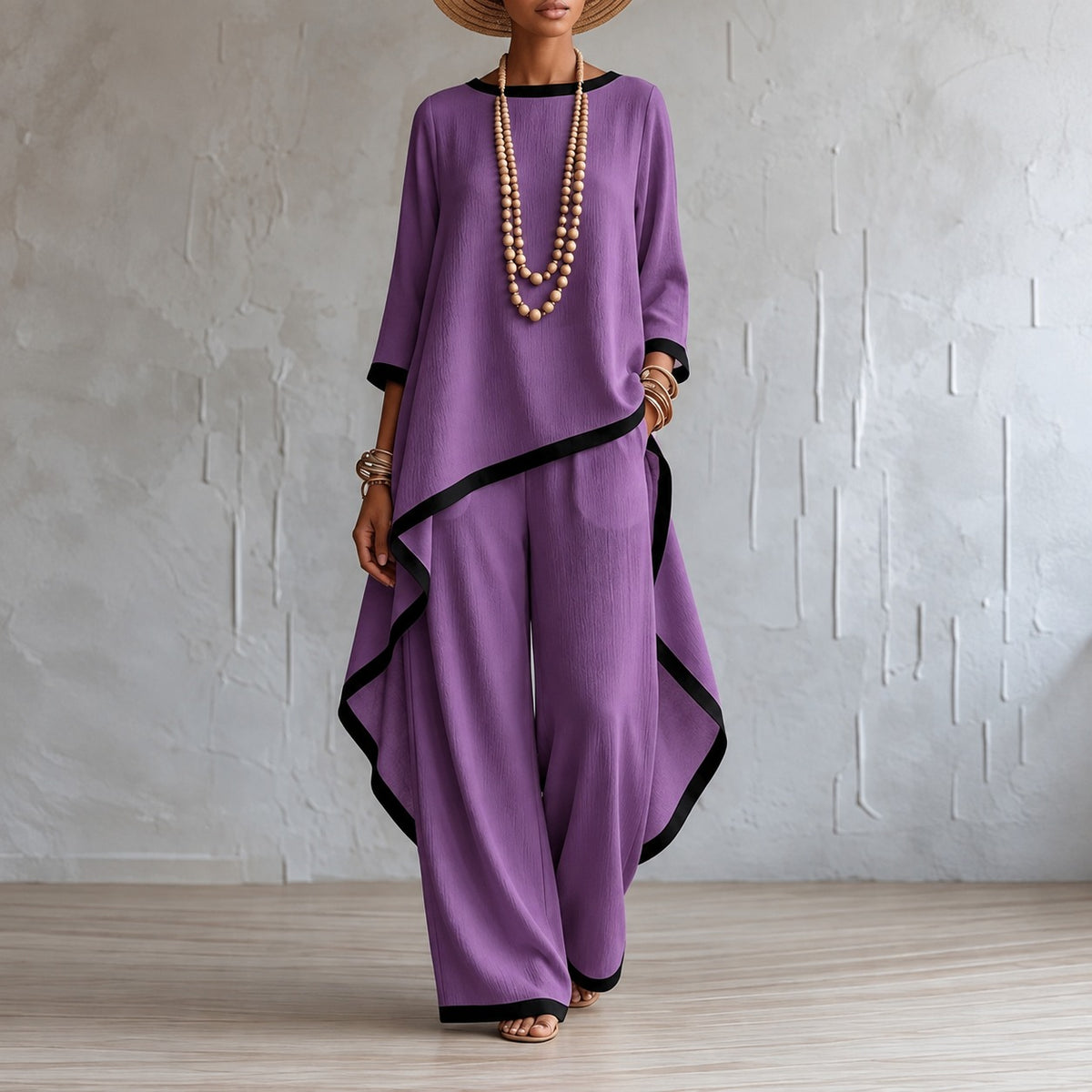 Set Adeline™ with Asymmetric Top, Wide-Leg Pants and Contrast Trim