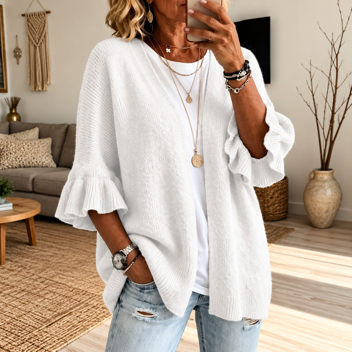 Cardigan Girona™ with Textured Knit, Open Front and Bell Sleeves