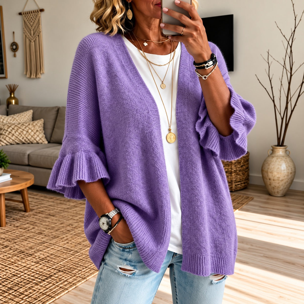 Cardigan Girona™ with Textured Knit, Open Front and Bell Sleeves