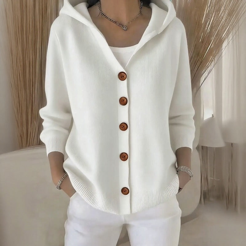 Caterina™ Cardigan in Textured Knit with Chic Front Buttons and a Cozy Hood