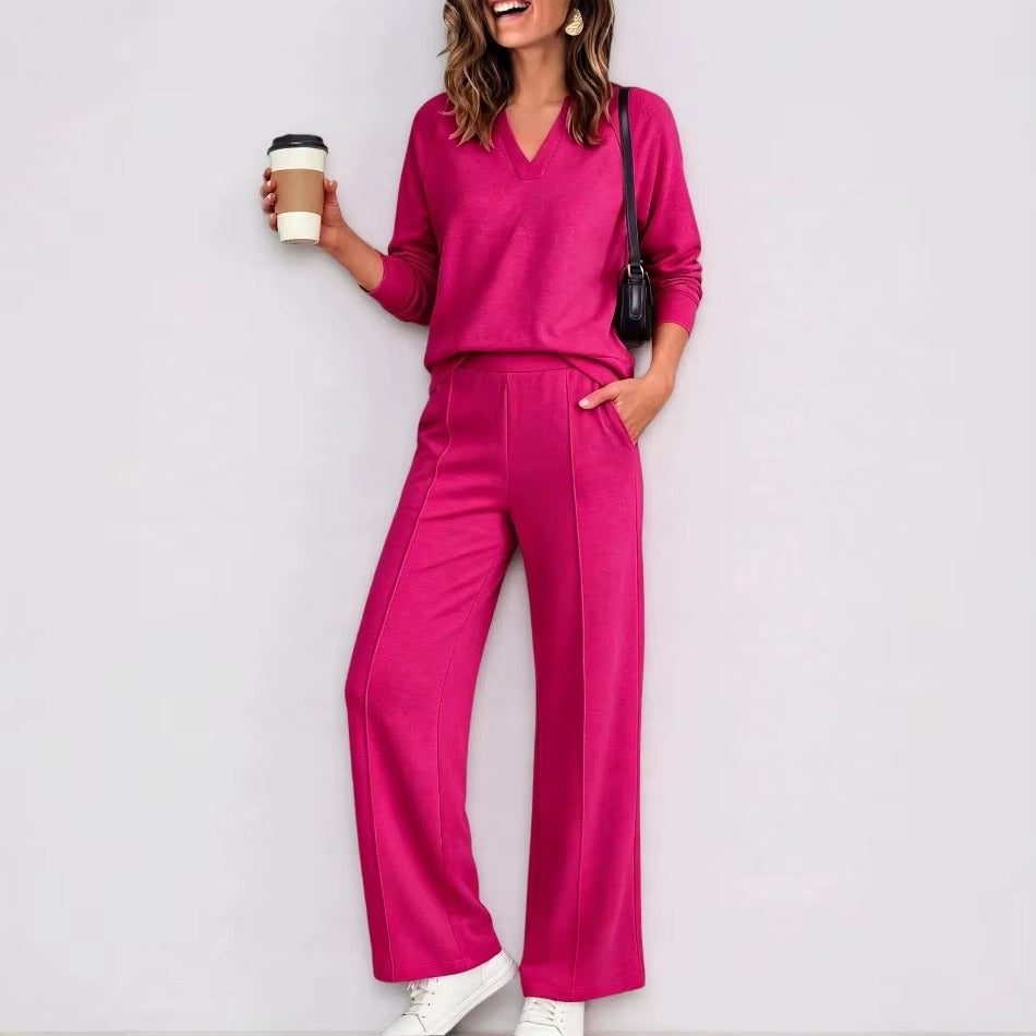 Two-Piece Set Daisy™ with a V-Neck Long-Sleeve Top and Wide-Leg Pants