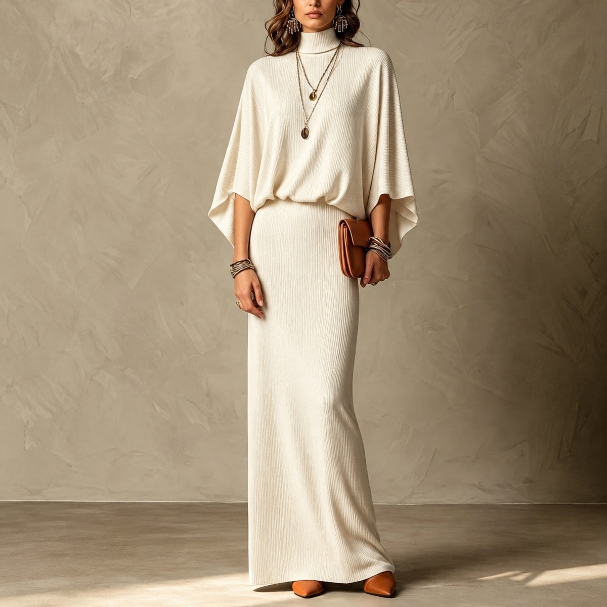 Set Geneva™ with High-Neck Batwing-Sleeve Top and Maxi Skirt