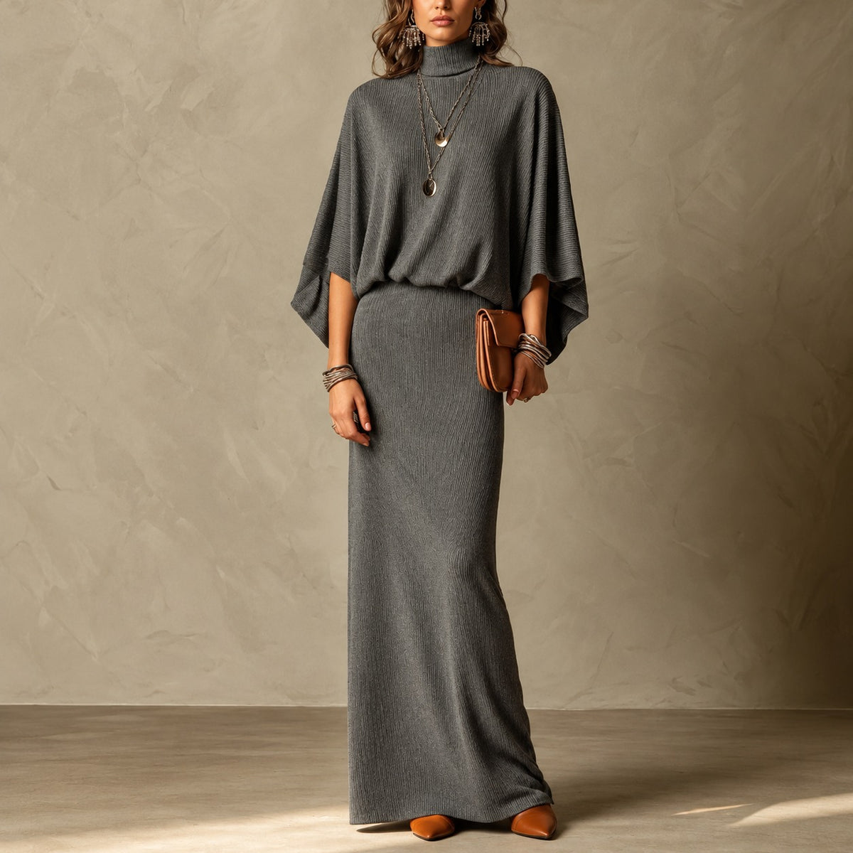 Set Geneva™ with High-Neck Batwing-Sleeve Top and Maxi Skirt