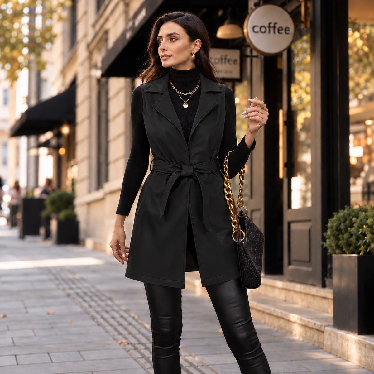 Alessia™ Premium Faux Leather Vest with Wide Lapels and Refined Waist Tie