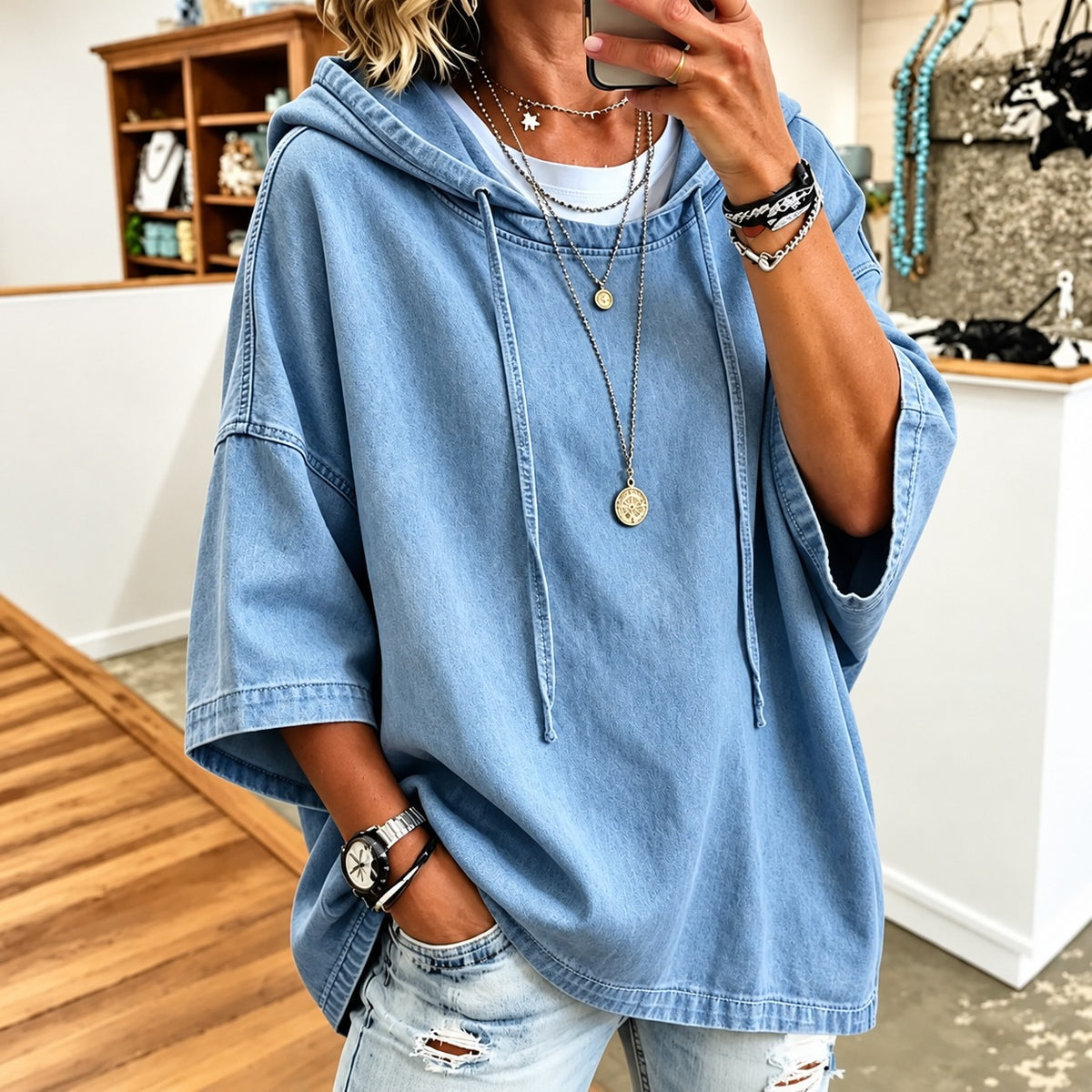 Denim Blouse Delaney™ with Hood, Wide 3/4 Sleeves and Oversized Fit