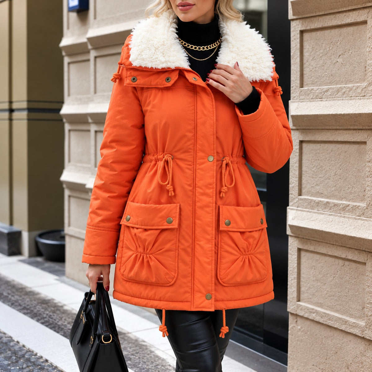 Coat Pamela™ with a Lined High Collar, Front Closure and Flap Pockets