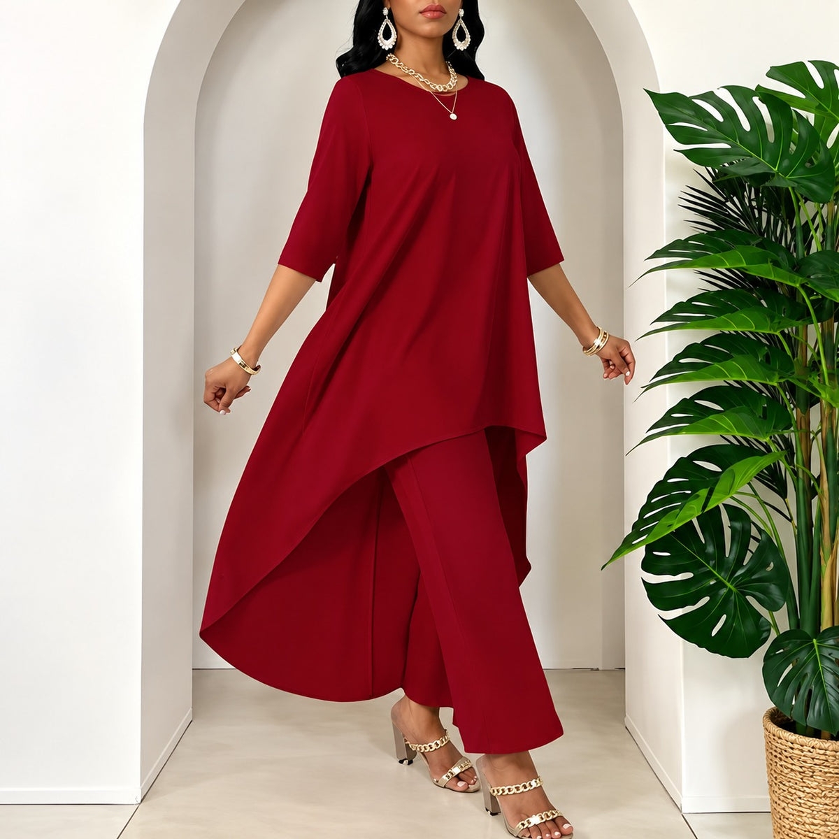 Set Elise™ with Asymmetric Longline Top and Flowy Wide-Leg Pants