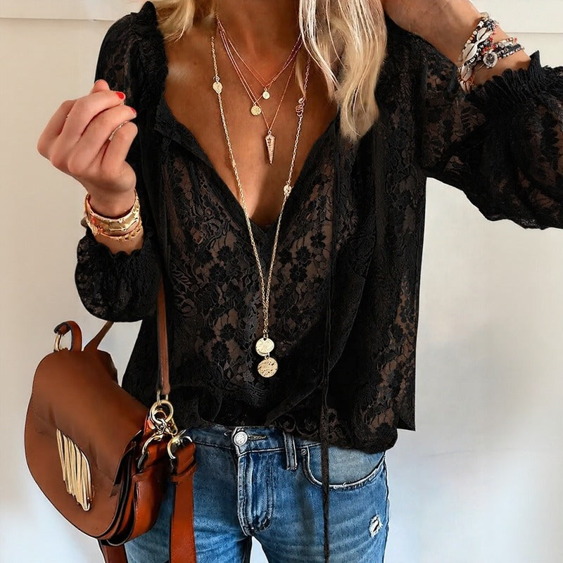 Ravena™ Blouse with Sheer Floral Lace and Tie-Neck Detail