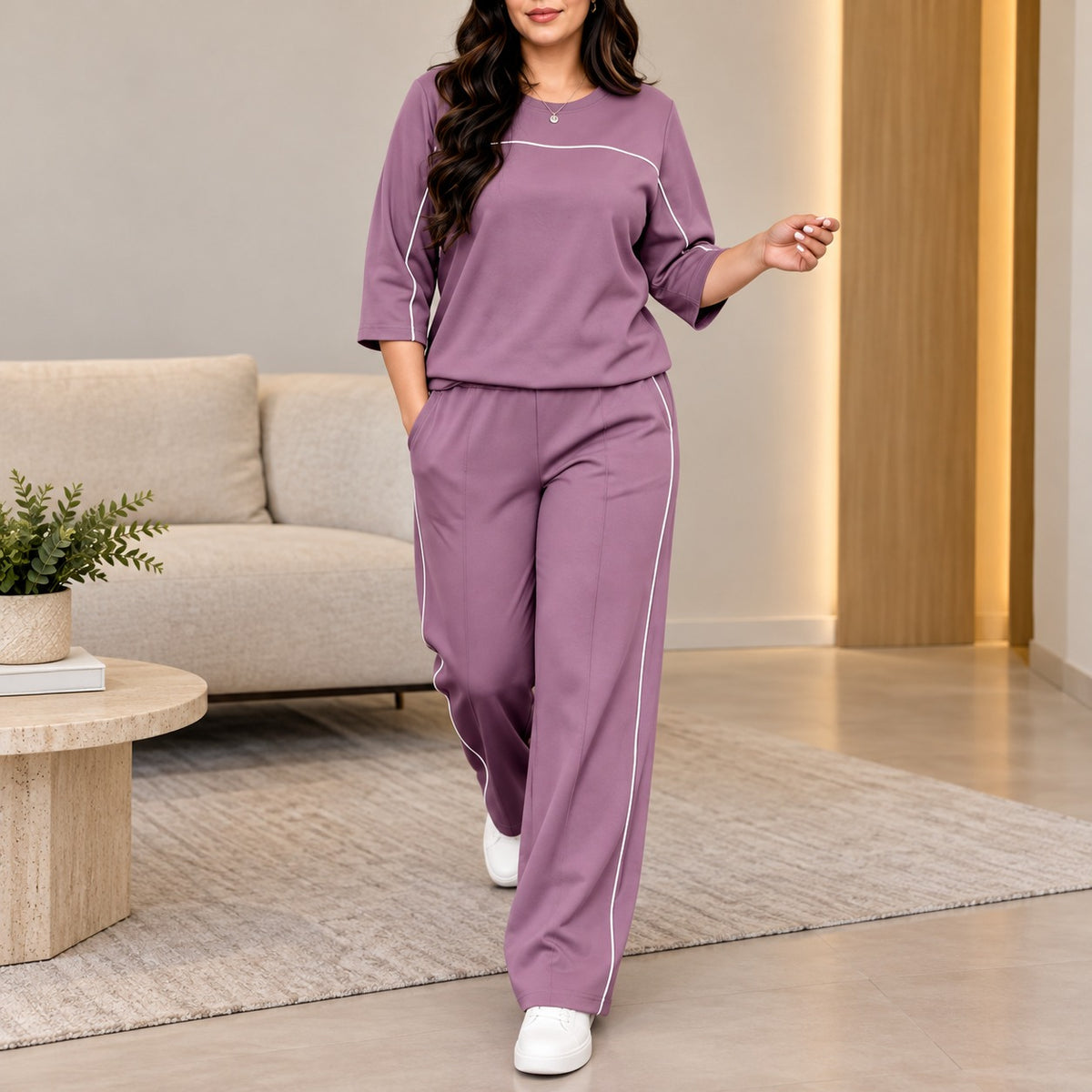 Set Camden™ with Contrast-Piped Top and Wide-Leg Pants