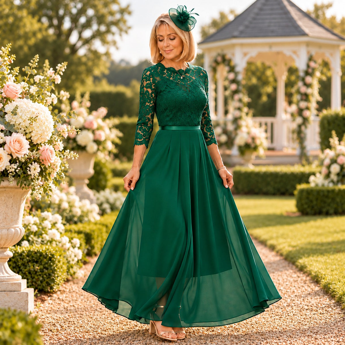 Amelia™ Dress with Floral Lace Details and Three-Quarter Sleeves