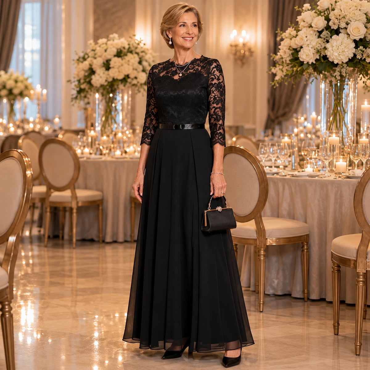 Amelia™ Dress with Floral Lace Details and Three-Quarter Sleeves