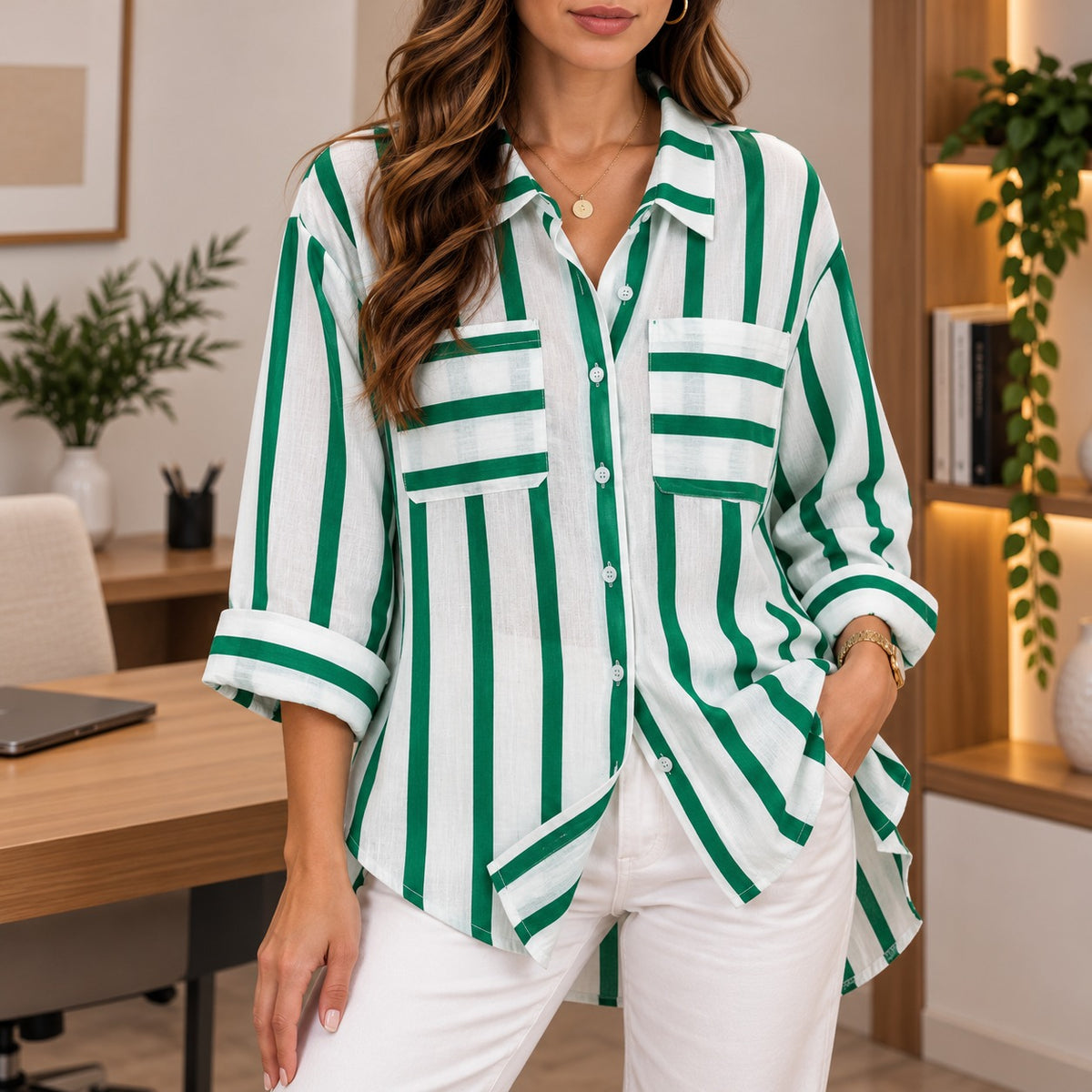 Shirt Brielle™ with Contrast Stripes, Chest Pockets and Relaxed Fit