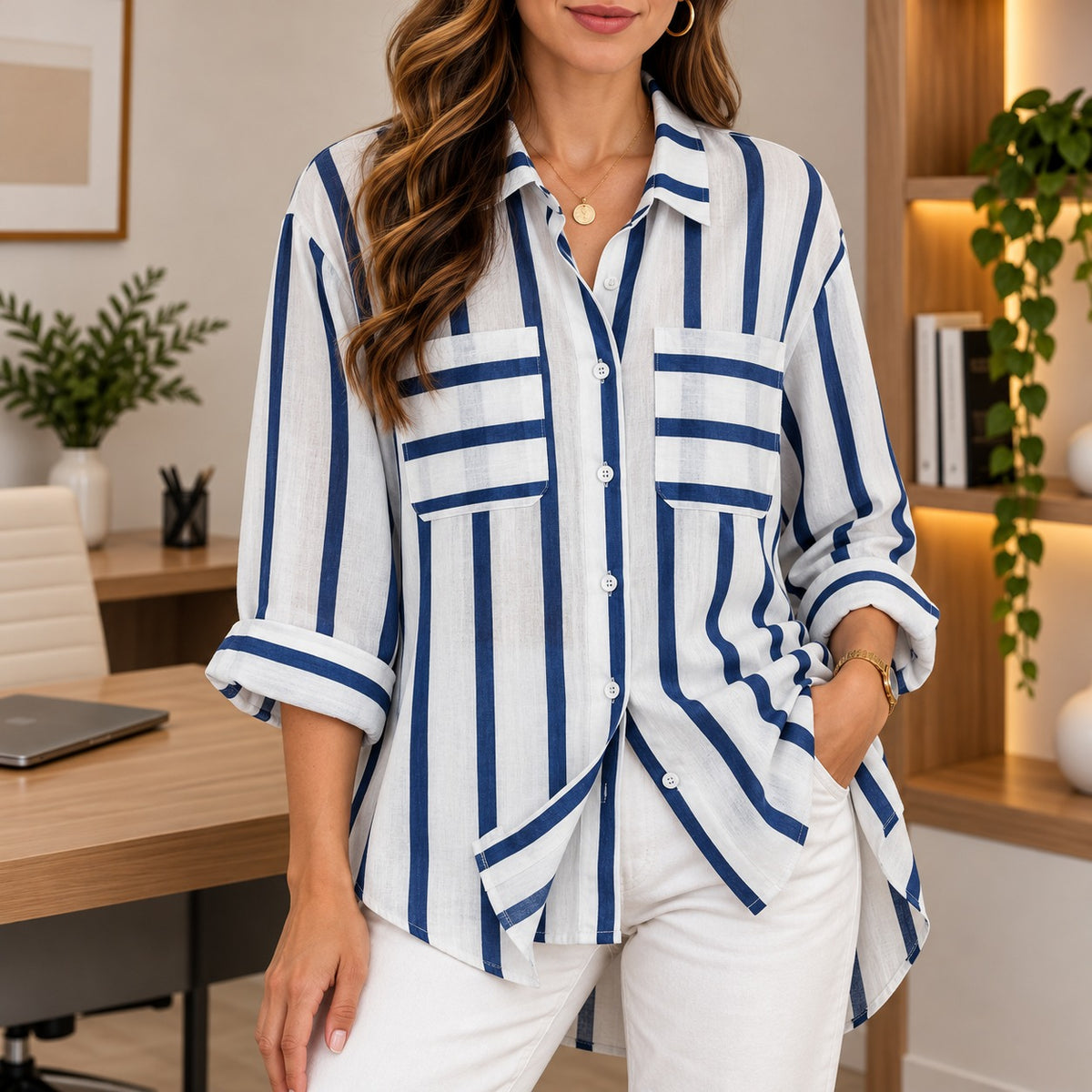 Shirt Brielle™ with Contrast Stripes, Chest Pockets and Relaxed Fit