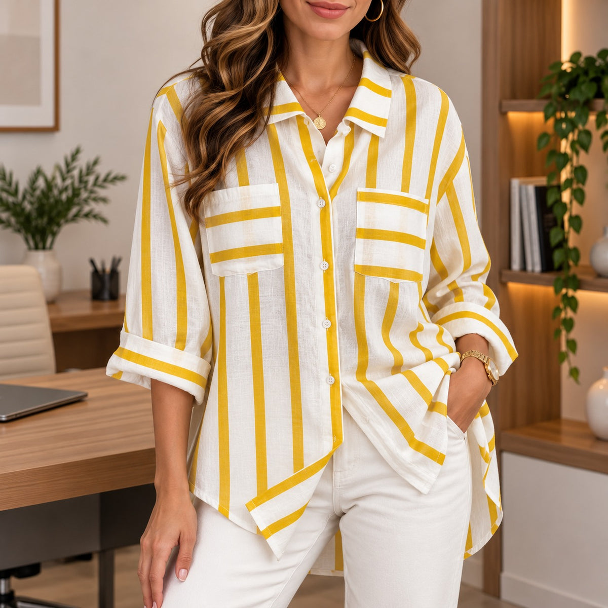 Shirt Brielle™ with Contrast Stripes, Chest Pockets and Relaxed Fit