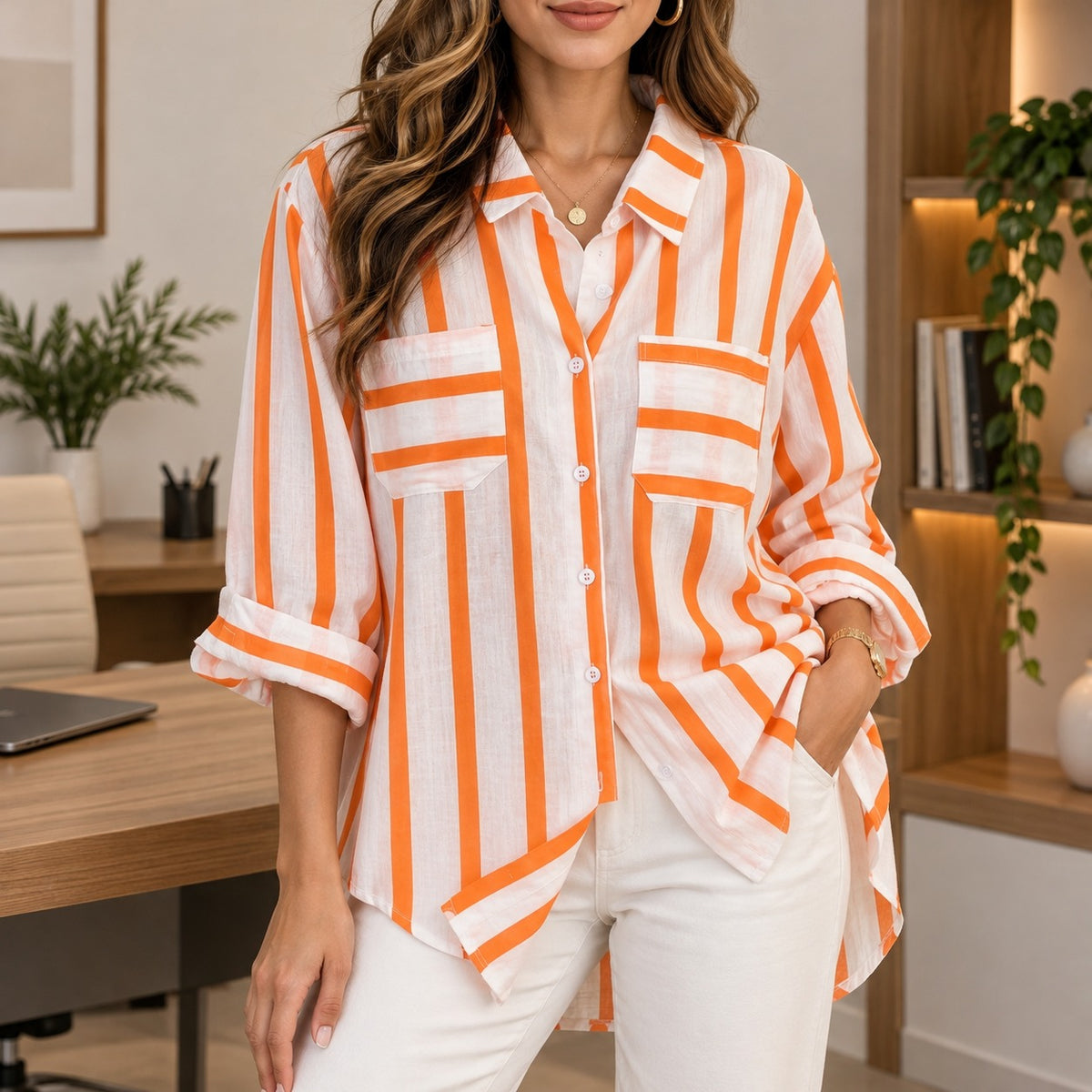Shirt Brielle™ with Contrast Stripes, Chest Pockets and Relaxed Fit