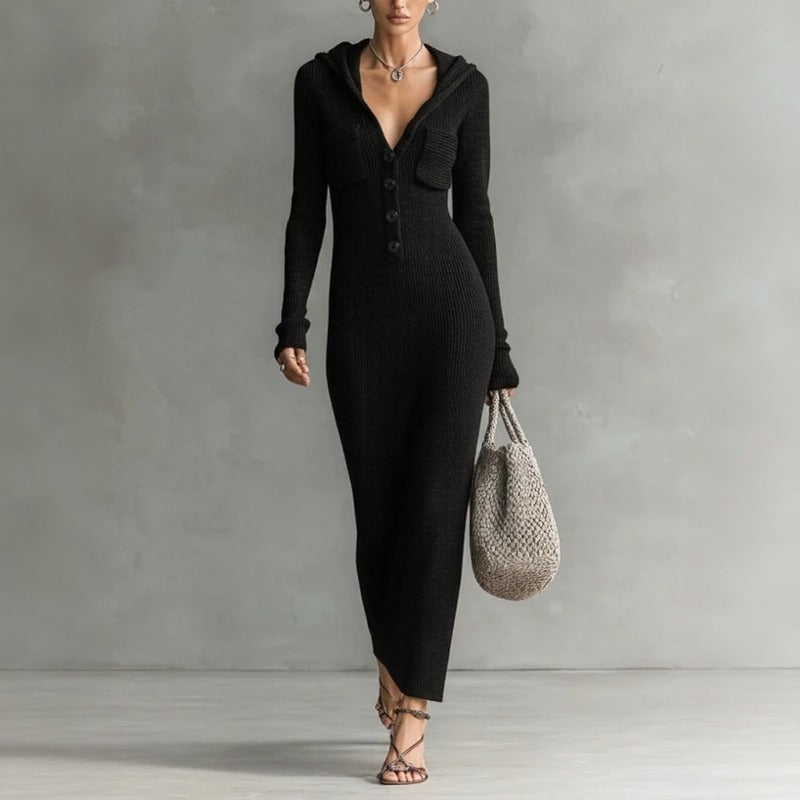 Noemi™ Ribbed Knit Hooded Dress with Chic Front Buttons