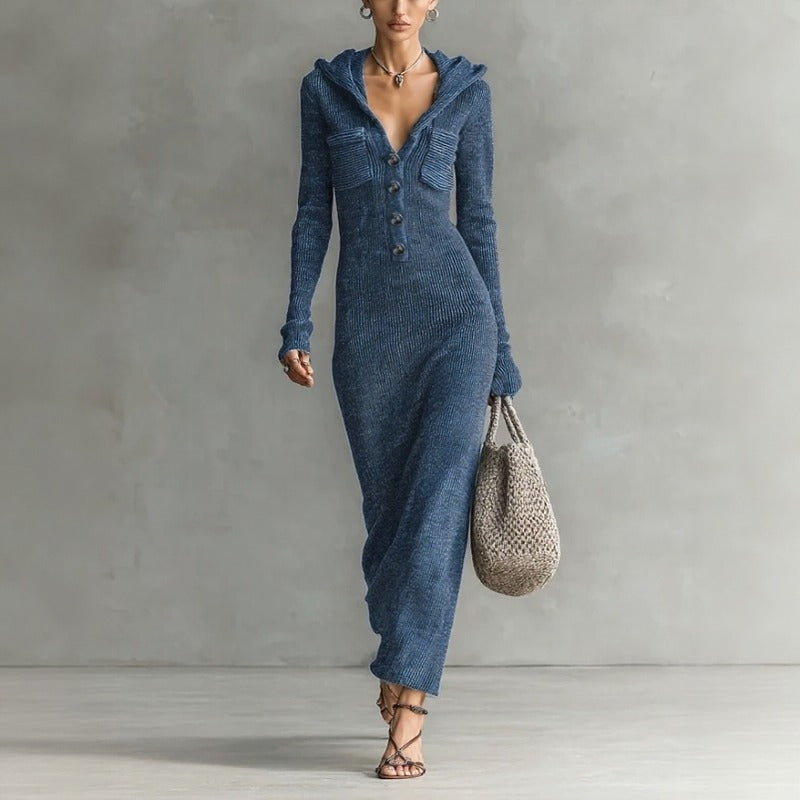 Noemi™ Ribbed Knit Hooded Dress with Chic Front Buttons