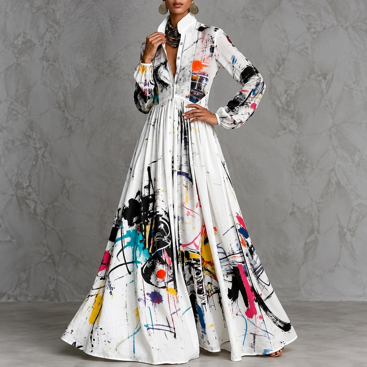 Dress Estelle™ with Abstract Art Print, Defined Waist and Flared Skirt