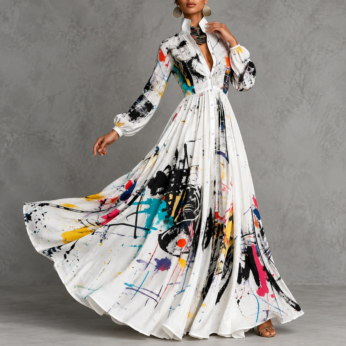 Dress Estelle™ with Abstract Art Print, Defined Waist and Flared Skirt