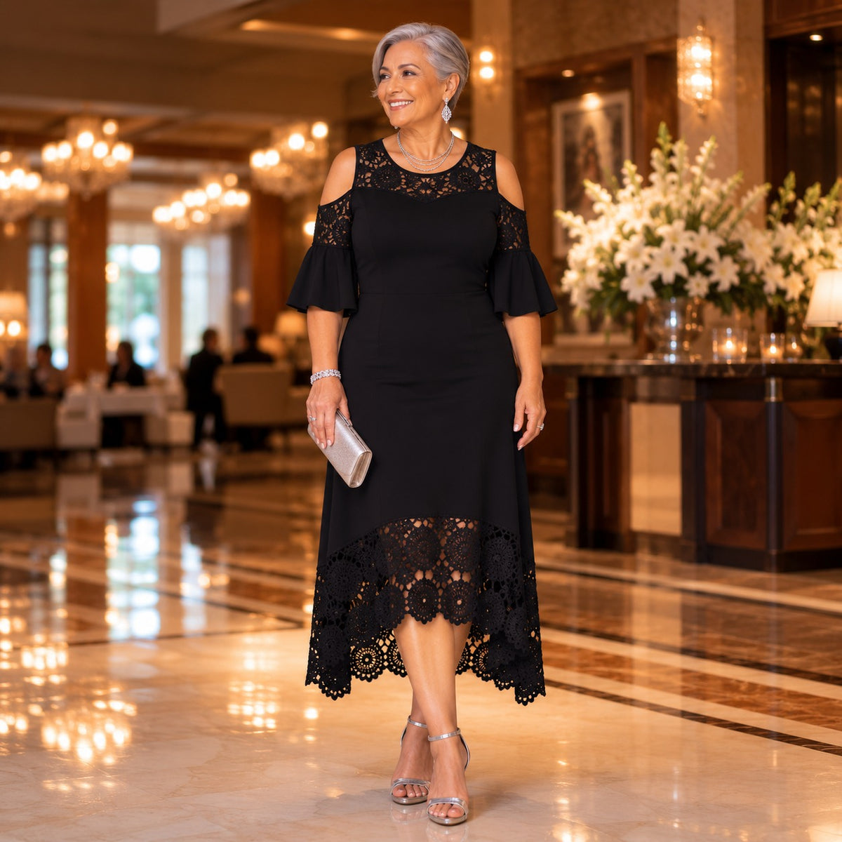 Caterina™ Dress with Lace Details, Cold-Shoulder Cutouts and Asymmetrical Hem