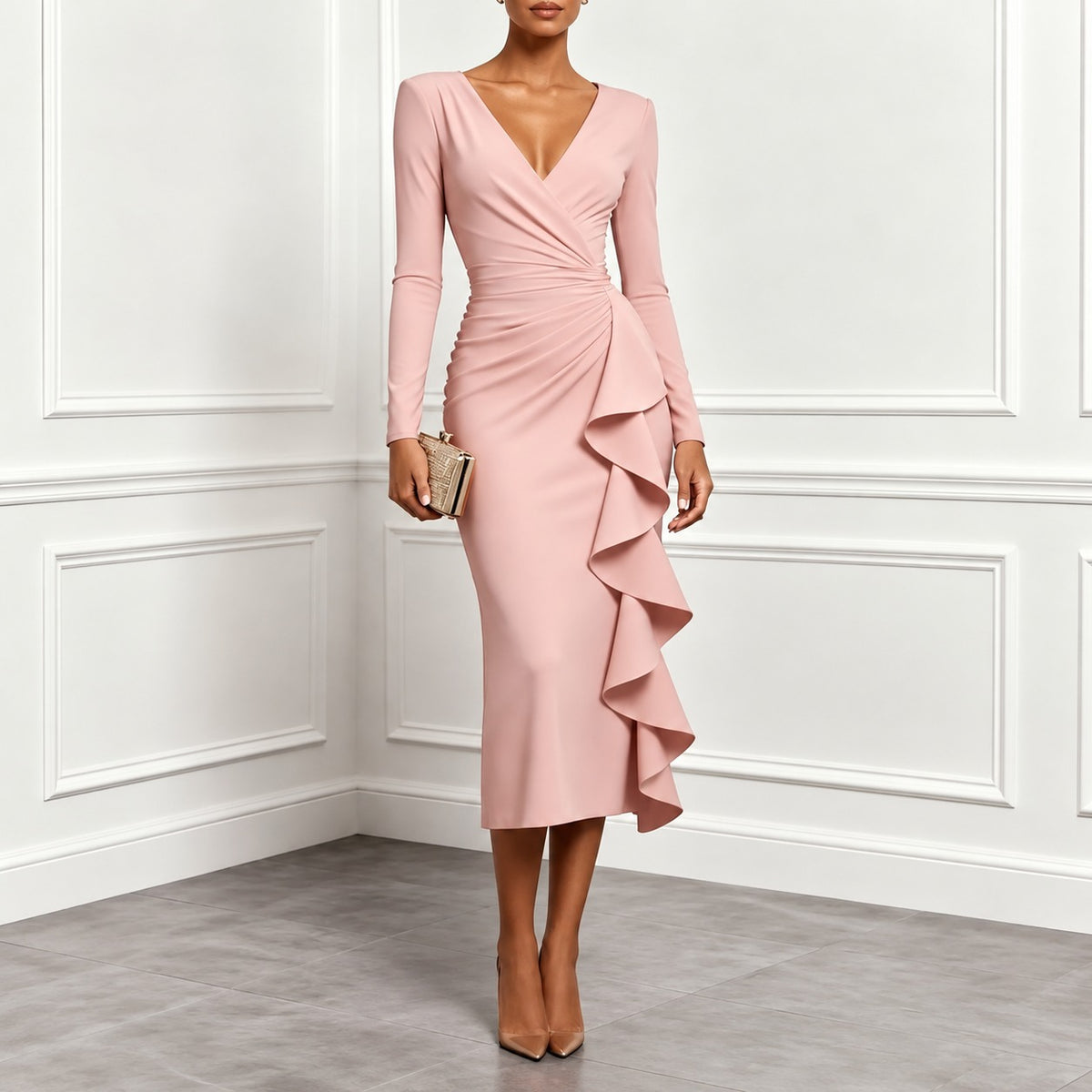 Gianna™ Midi Dress with Surplice V-Neck, Ruched Waist and Waterfall Ruffle