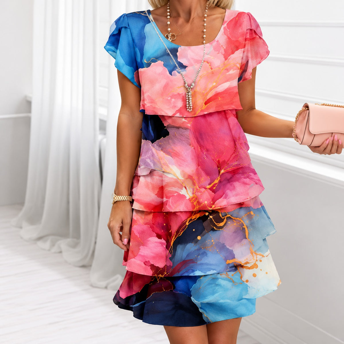 Layered Dress Veneza™ with Short Sleeves and a Round Neckline