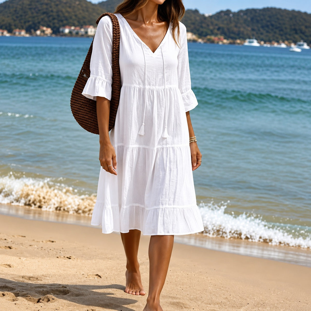 Dress Vanessa™ with a V-Neck, Tiered Skirt and Ruffled Sleeves