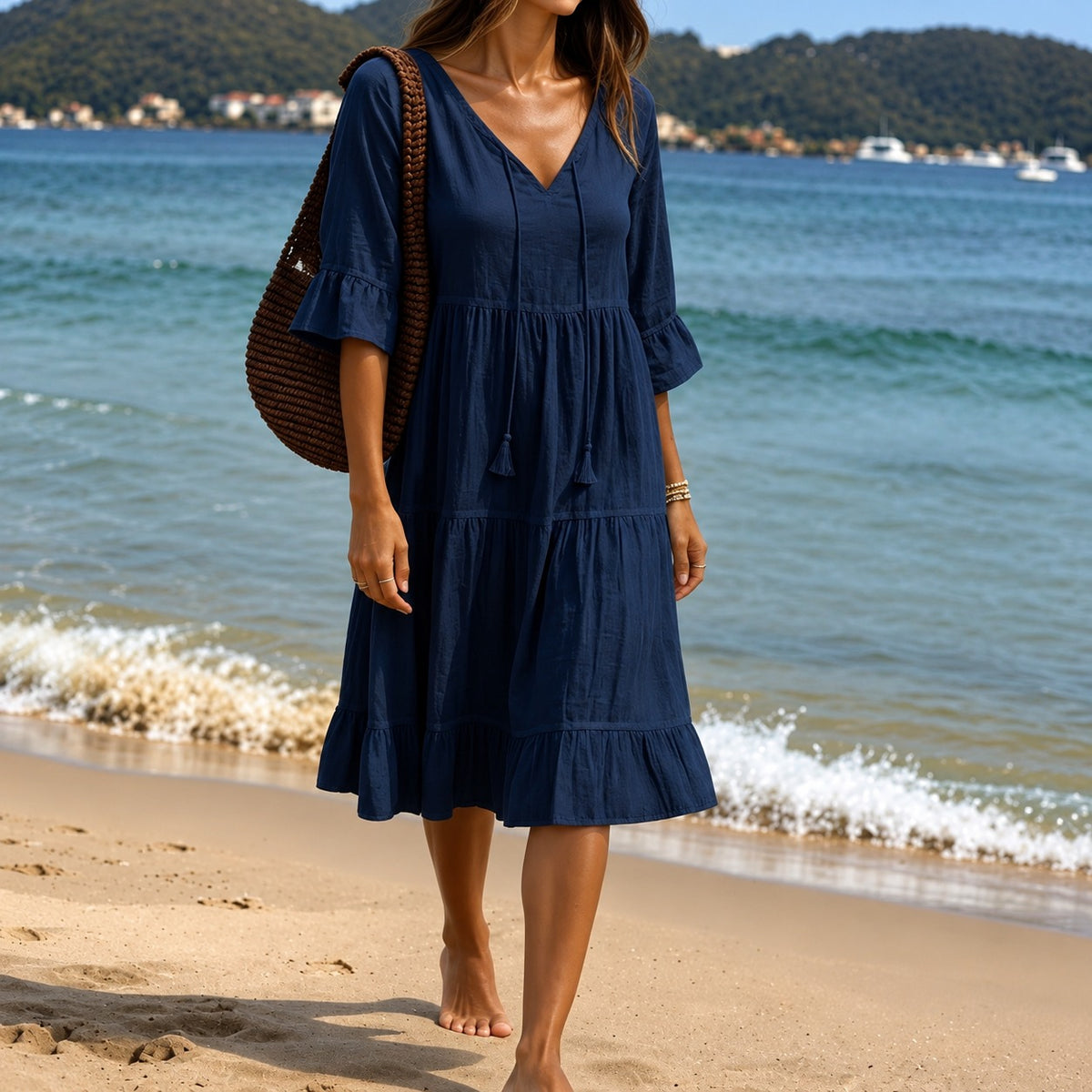 Dress Vanessa™ with a V-Neck, Tiered Skirt and Ruffled Sleeves