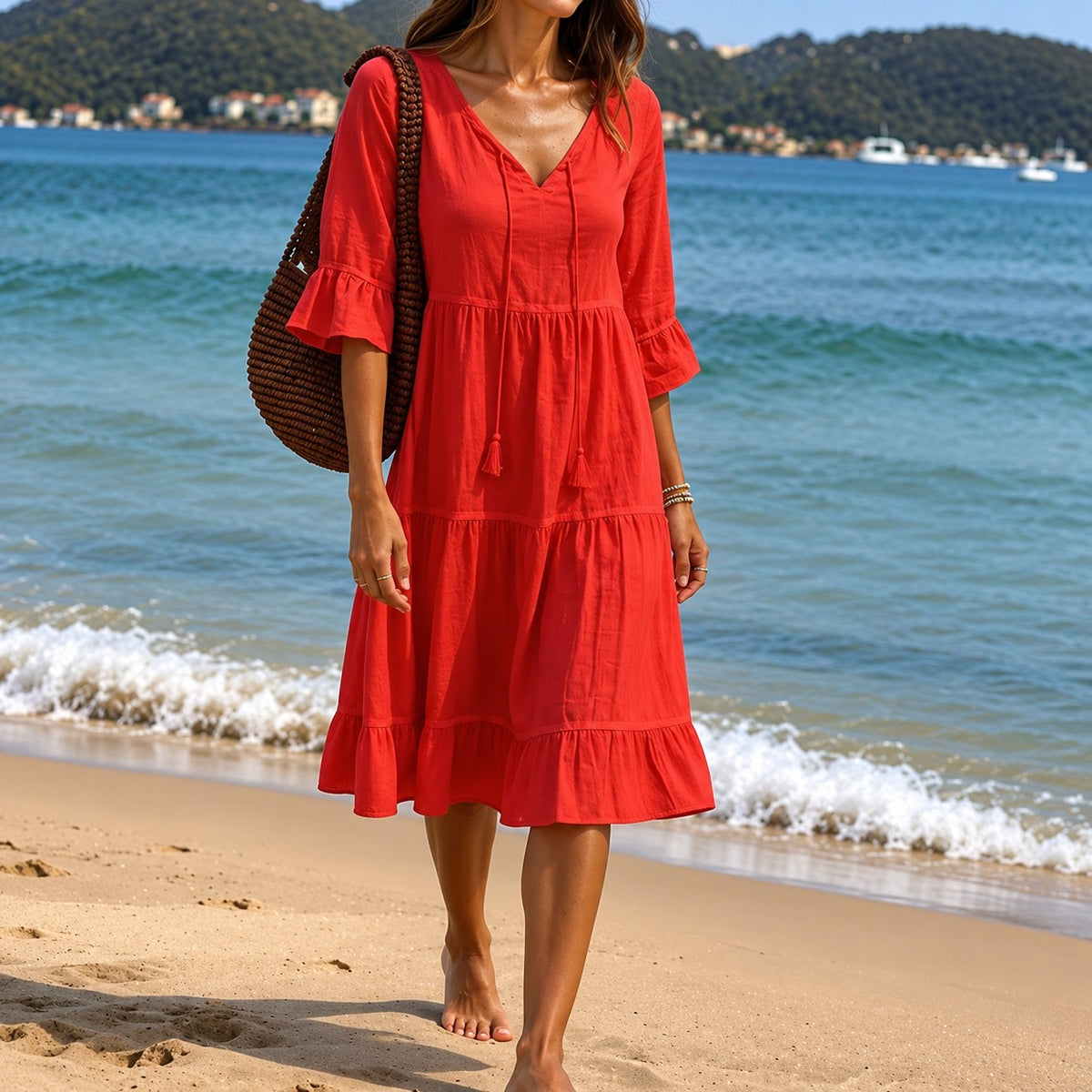 Dress Vanessa™ with a V-Neck, Tiered Skirt and Ruffled Sleeves