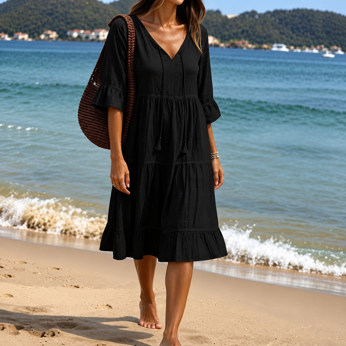 Dress Vanessa™ with a V-Neck, Tiered Skirt and Ruffled Sleeves