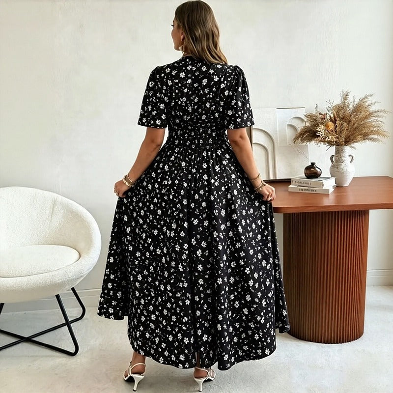 Loretina™ Floral Print Dress with Defined Waist and Relaxed Short Sleeves