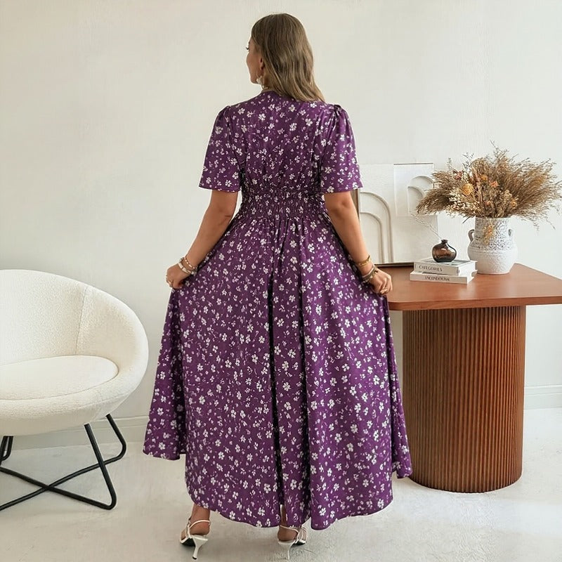 Loretina™ Floral Print Dress with Defined Waist and Relaxed Short Sleeves