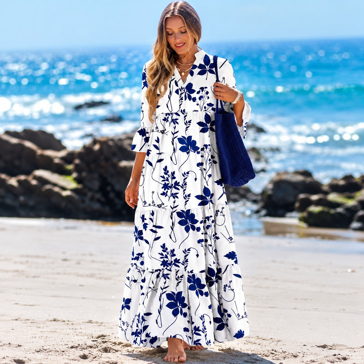 Liana™ Maxi Dress with Floral Print, Three-Quarter Sleeves and Tiered Skirt