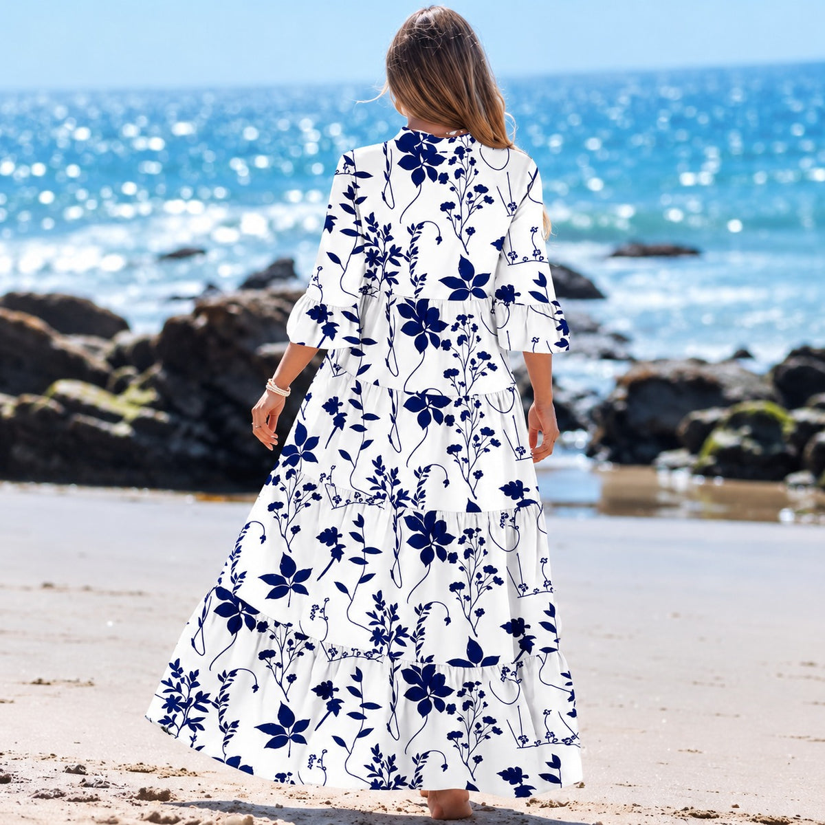 Liana™ Maxi Dress with Floral Print, Three-Quarter Sleeves and Tiered Skirt